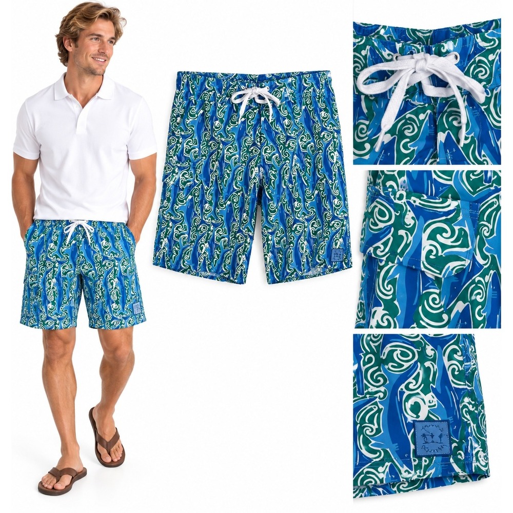 Three Islands 32 Shark Print Board Shorts Blue Green Swim Trunks Preppy Coastal